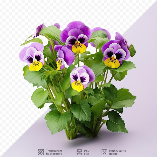 PSD durchsichtiger hintergrund mit violettfarbener viola und grünen blättern