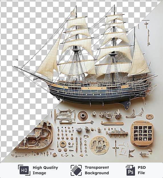 Durchsichtiger hintergrund psd benutzerdefiniertes modell schiffbauwerkzeuge set schiff in einer flasche