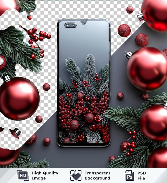 Durchsichtiger hintergrund psd smartphone mit weihnachtsdekorationen um ihn herum mockup