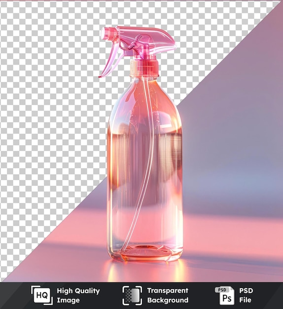 Durchsichtiger pestizid-sprayflasche mit rosa und roter kappe auf rosa tisch