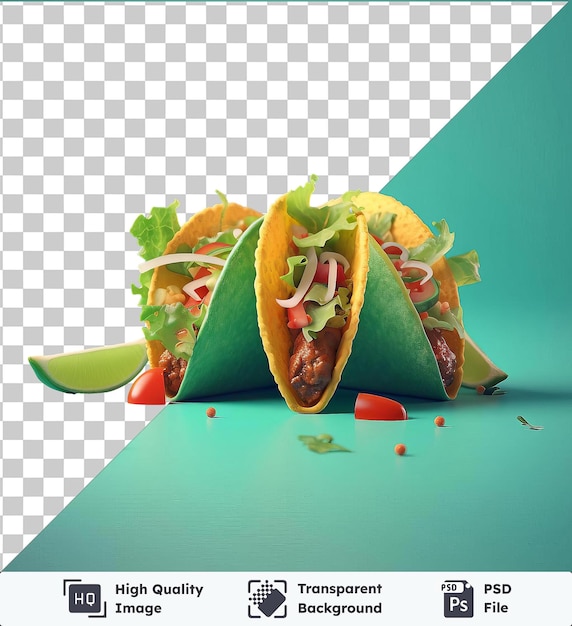 Durchsichtiges objekt heiße und würzige tacos mit geschnittenen roten zwiebeln und grünem salat auf einem blauen tisch