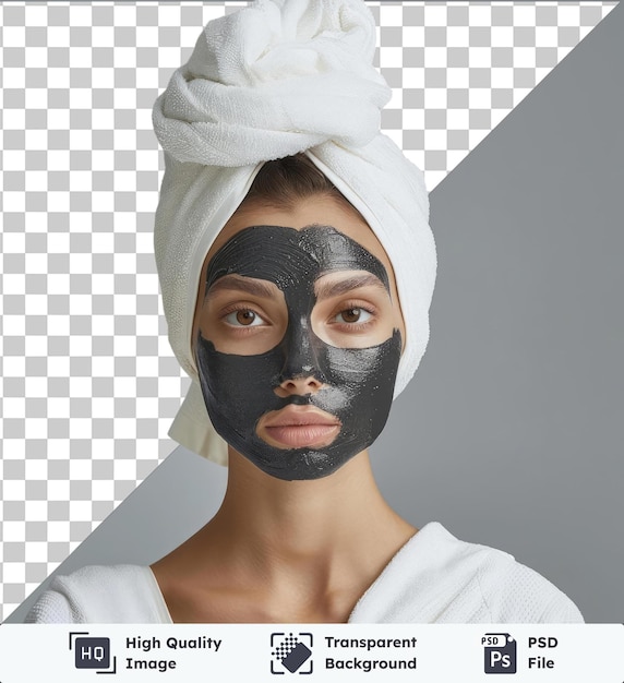 PSD durchsichtiges psd-bild close-up emotionales porträt schöne frau mit schwarzer gesichtsmaske mädchen mit einem weißen handtuch auf dem kopfe ernsthaft aussehen