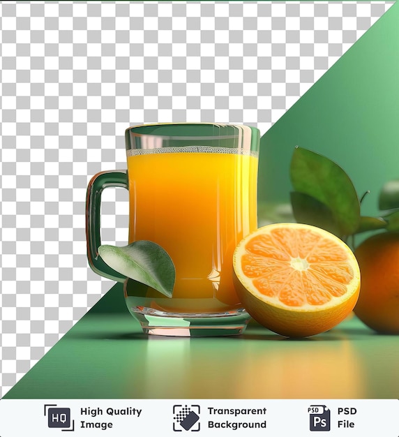 PSD durchsichtiges psd-bild erfrischender orangensaft in einem glas mit einem grünen blatt, das auf einem holztisch gegen eine grüne wand mit einem im vordergrund sichtbaren glasgriff platziert ist