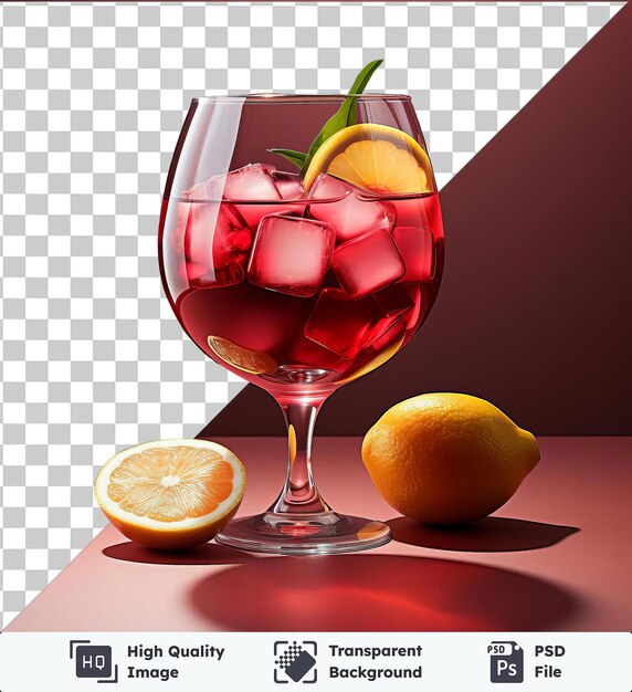 PSD durchsichtiges psd-bild erfrischendes glas sangria mit zitrone und orange auf rotem tisch gegen rote wand