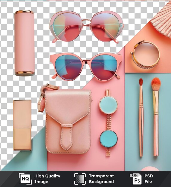 PSD durchsichtiges psd-bild luxus-fashion-accessoires-set für frauen von 39 jahren, angezeigt gegen eine blaue wand mit einem rosa gehäuse, einem runden spiegel und einem pinkfarbenen gehäuse mit einer sonnenbrille im vordergrund