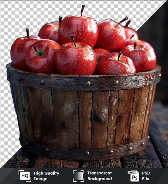 Durchsichtiges psd-bild-mockup von frischen roten äpfeln in einem holzbäcke auf einem holztisch mit einem in vordergrund sichtbaren braunen stamm