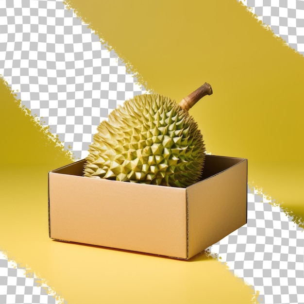 Durian em caixa de espuma sobre fundo transparente