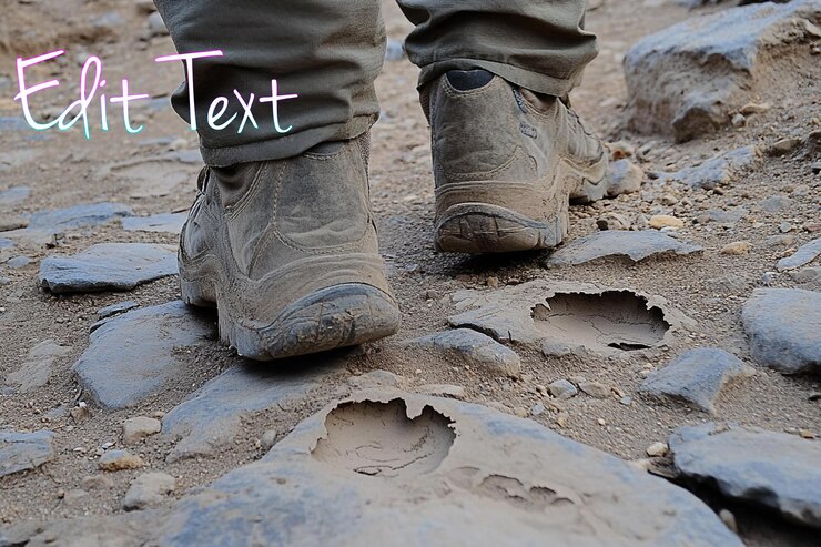 PSD dusty hiking boots on a rocky uneven path