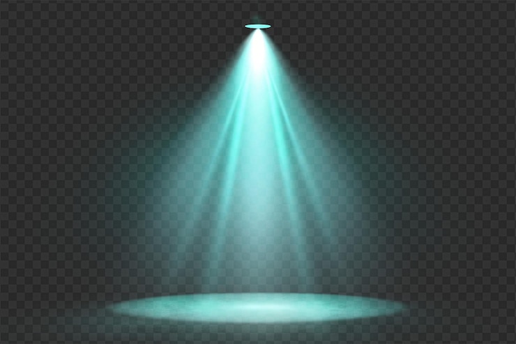 PSD dynamische spotlight-effekte mit strahlenden leuchten und weichen strahlen auf durchsichtigem hintergrund