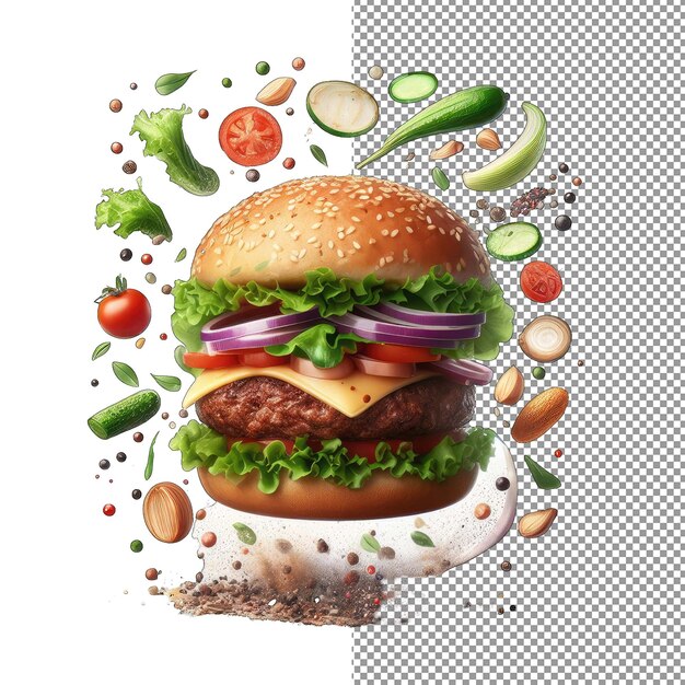 PSD dynamischer burger mit schwimmenden zutaten png