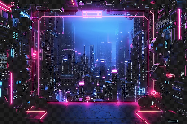 PSD dystopian city light neon-rahmen mit dystopischem stadtbild und umriss collage art transparent