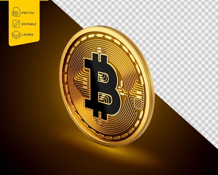 PSD e black rounded cryptocurrency bitcoin btc moeda dourada em fundo de brilho dourado ilustração 3d