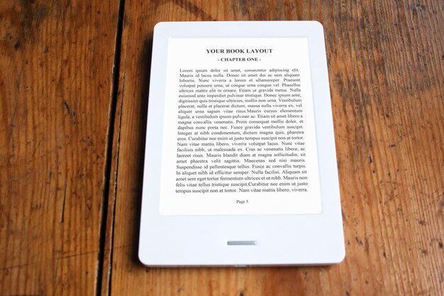 E-Book Reader, Mock-Up, lettura domestica, sfondo legno, vintage
