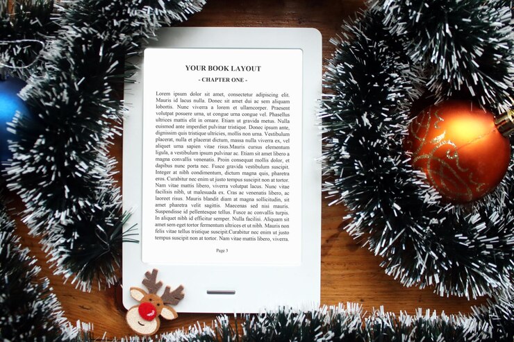 PSD e-book reader mock-up, weihnachten mit girlande, hirsch, weihnachtskugeln