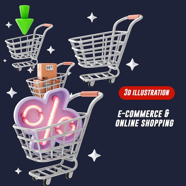 E-Commerce Einkaufen und Marketing 3D-Illustration und Icon-Pack