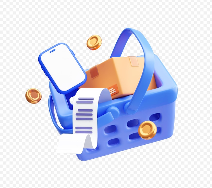 PSD e-commerce shopping basket e mobile payment and delivery icon sfondo illustrazione 3d