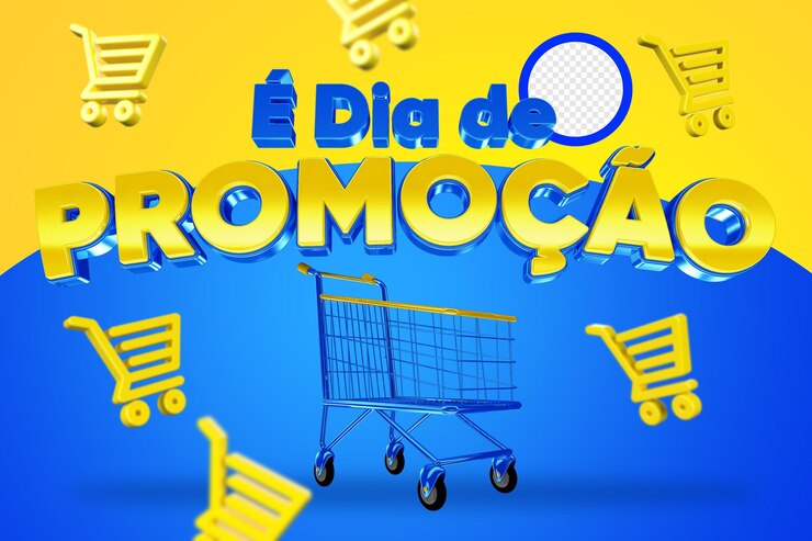 PSD é dia de promoção com carrinho de compras amarelo e azul em renderização 3d