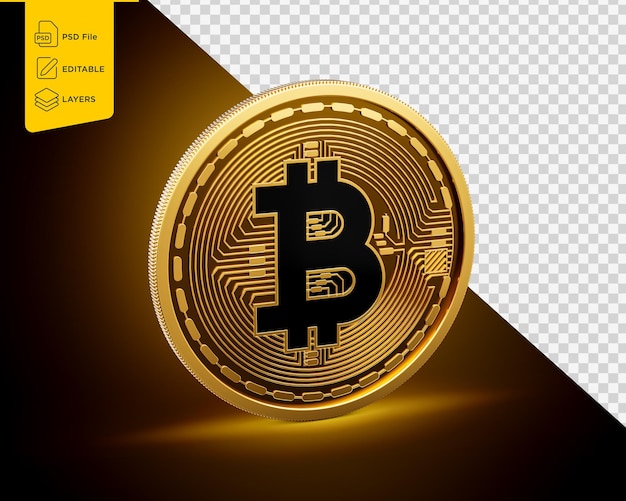 E la criptovaluta nera arrotondata Bitcoin BTC moneta d'oro su sfondo dorato Illustrazione 3d