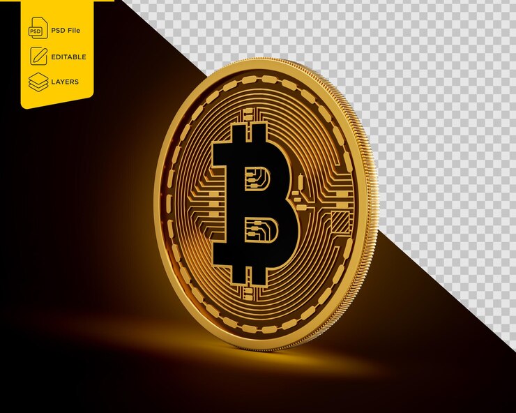 PSD e la criptovaluta nera arrotondata bitcoin btc moneta d'oro su sfondo dorato illustrazione 3d