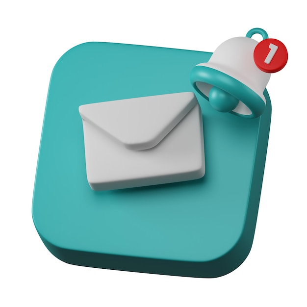 E-mail della busta con l'icona del segno della posta in arrivo di avviso di notifica della campana sul rendering 3d della scheda blu chiaro