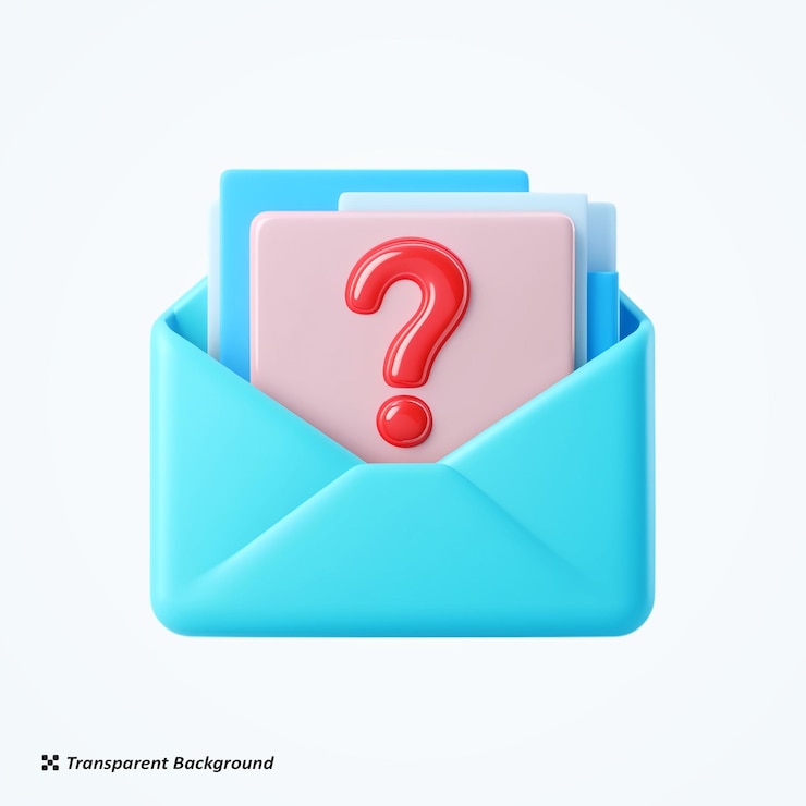 PSD e-mail avec une icône 3d de point d'interrogation sur un fond transparent