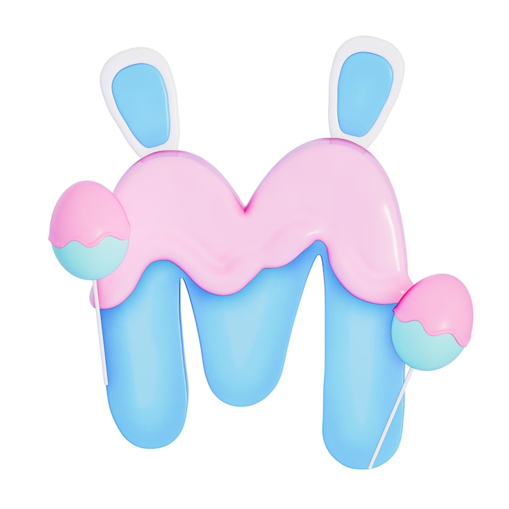 PSD easter bunny holiday alphabet m with cute decoration on white background 3d rendering