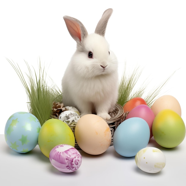 PSD easter bunny sits near painted eggs