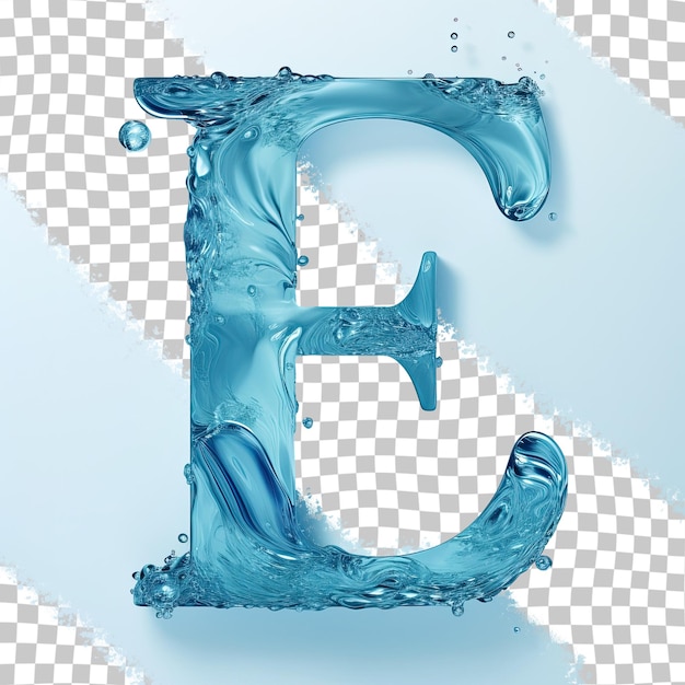 Eau bleue majuscule ou E majuscule avec surface liquide ondulée et police de pochoir isolée sur fond transparent