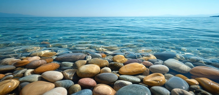 PSD l'eau de mer turquoise calme baigne doucement le rivage d'une plage de galets révélant une surface de pierre lisse et colorée