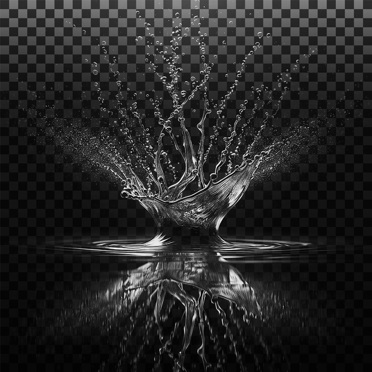 L'eau PSD éclabousse des ondes liquides avec des tourbillons et des gouttes d'éclaboussure de liquide isolées sur le fond PNG