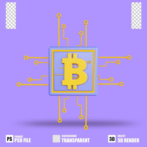 PSD Échange de processeur bitcoin d'icône de crypto-monnaie de rendu 3d avec un fond transparent