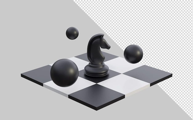 PSD Échecs de rendu 3d mis en place avec un cheval chevalier figure sur un échiquier