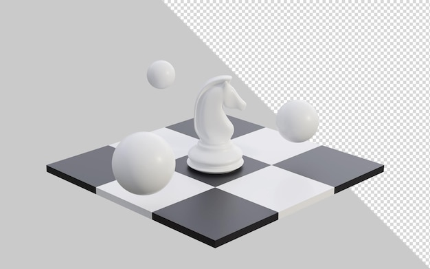 Échecs de rendu 3D mis en place avec un cheval chevalier figure sur un échiquier