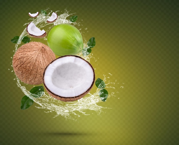 Éclaboussure d'eau sur la noix de coco avec des feuilles de bergamote isolées sur fond vert PSD Premium