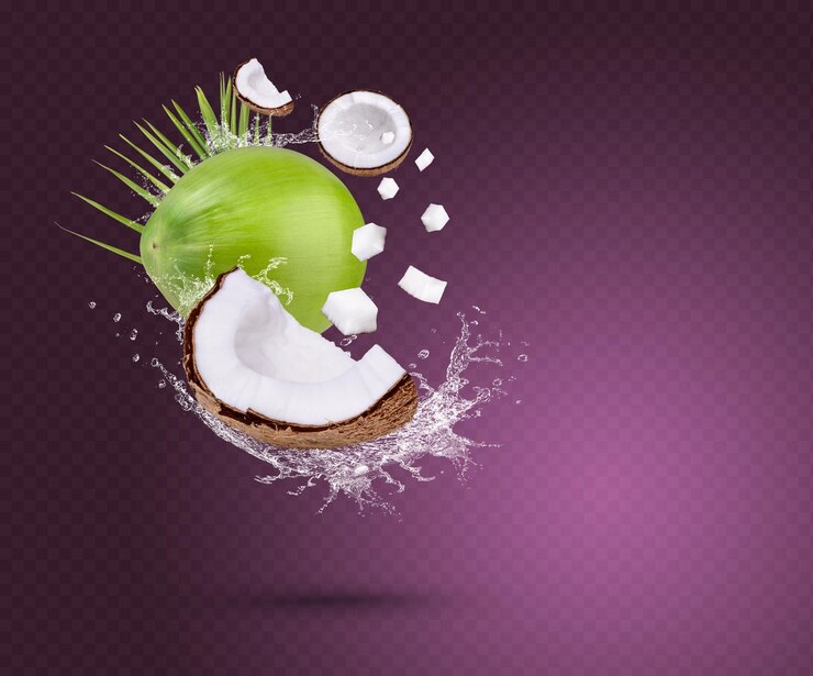 PSD éclaboussure d'eau sur la noix de coco avec des feuilles isolées sur fond violet psd premium