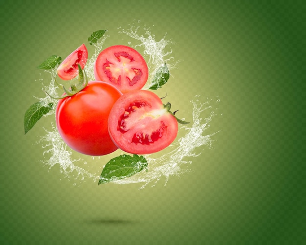 Éclaboussure d'eau sur les tomates fraîches avec des feuilles isolées