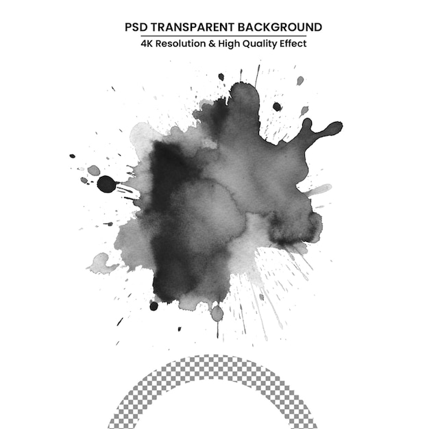 PSD Éclaboussure d'encre noire avec des gouttes isolées sur fond blanc