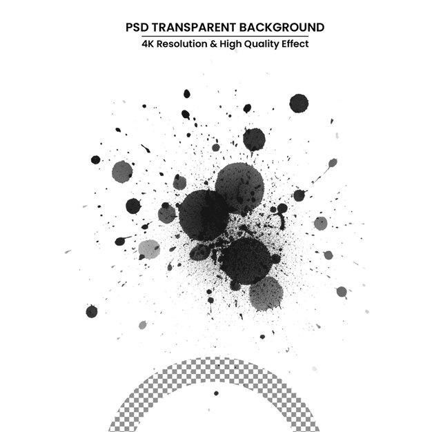 PSD Éclaboussure d'encre noire avec des gouttes isolées sur fond blanc