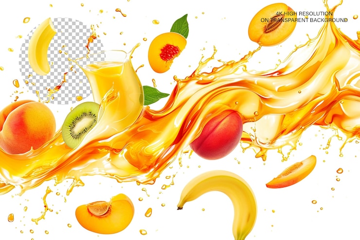 PSD éclaboussure de jus avec des fruits mélangés à l'arrière-plan transparent