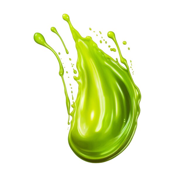 Une éclaboussure de liquide vert vibrant capturée en l'air avec des courbes et des gouttes dynamiques