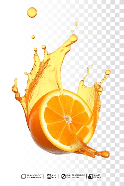 PSD une éclaboussure d'orange avec du jus d'orange sur un fond transparent