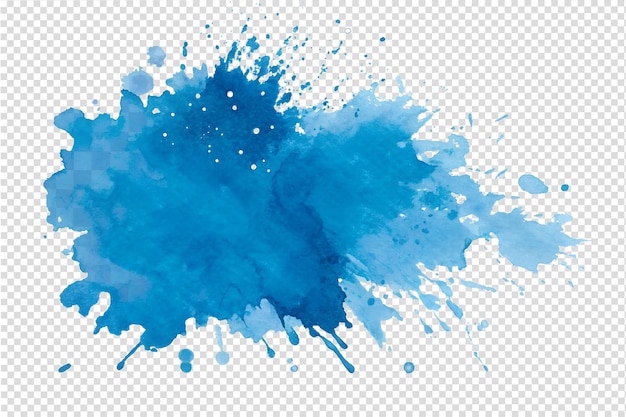 Des éclaboussures d'aquarelle bleue abstraite sur un fond transparent, une texture acrylique fluide, un effet peint à la main.