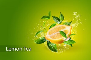 Éclaboussures d'eau sur le citron et la feuille de thé vert isolé sur fond vert
