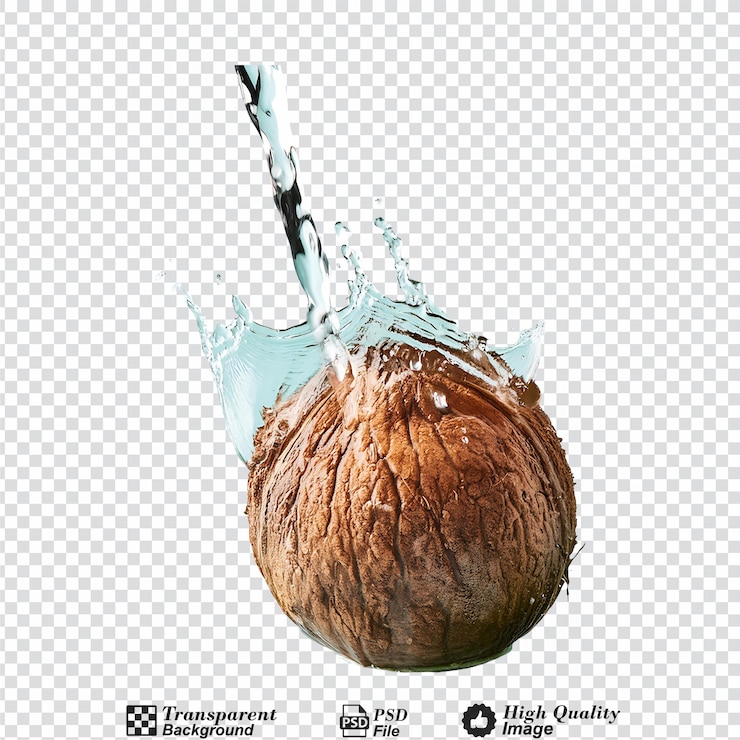 PSD des éclaboussures d'eau sur une noix de coco avec des feuilles de bergamote isolées sur un fond transparent