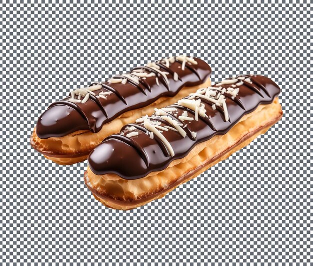 Eclair con crema y glaseado de chocolate aislado sobre un fondo transparente