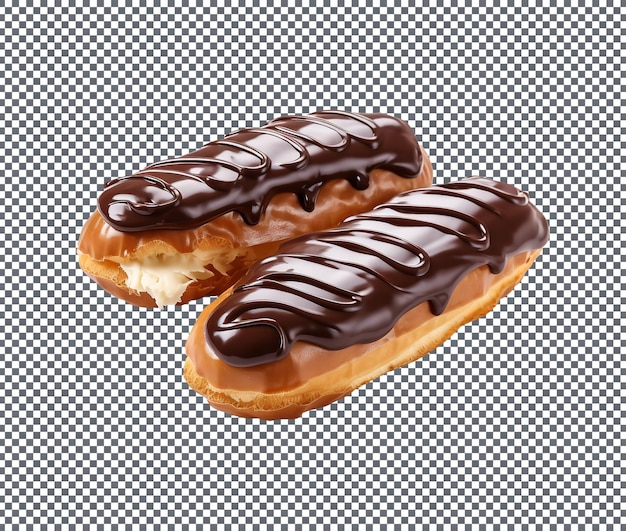 Eclair con crema y glaseado de chocolate aislado sobre un fondo transparente