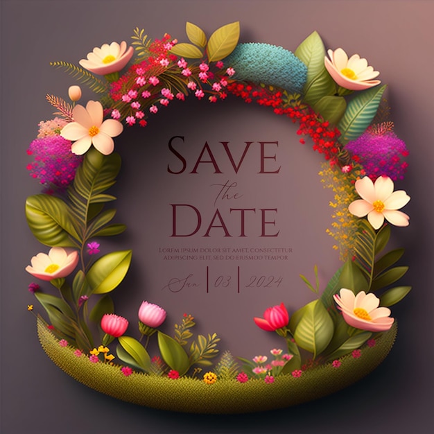 PSD eclipse florale exotique sauver la date invitation de mariage cercle floral de pastel sauver la journée mariage de printemps