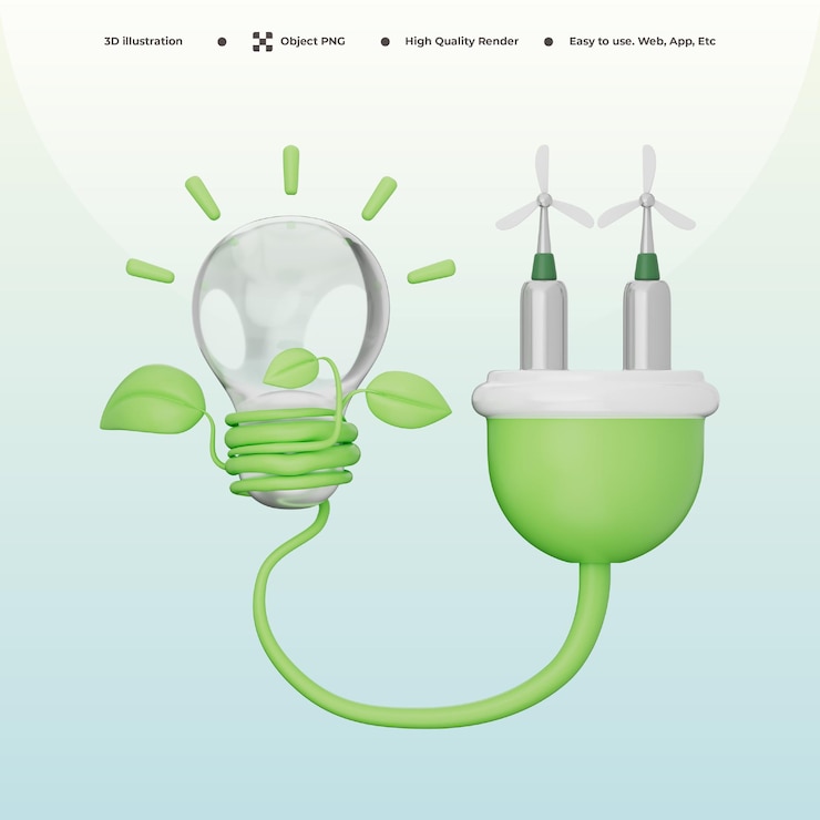 PSD eco power icon wind turbine plug lightning green leaf 3d illustration