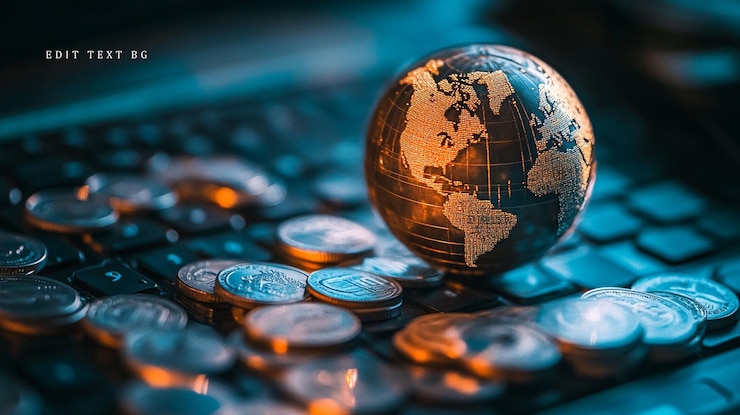 PSD economía financiera mundial y concepto de comercio mundial pequeño globo en el teclado con monedas