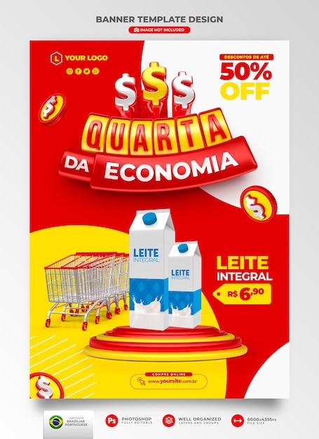 Economia quarta-feira banner em português renderização 3d para campanha de marketing no brasil